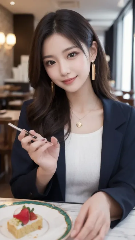  Eye-catching , cute double  ,  Mysterious woman tasting chiffon cake at a cafe ,   inside a calm cafe   ,  loose curly medium hair ,   clothes I chose for my date  , Talented , Kind personality,  Women who are obsessed with details  ,    detail hair to li...