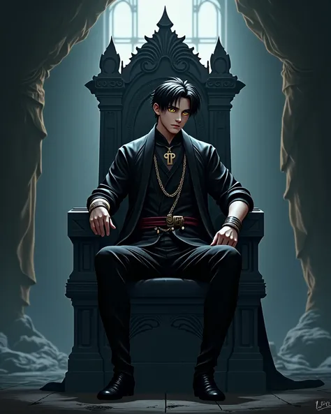 A man of 30 years old tall 187 black medieval fantasy clothes beautiful with not too short black hair with yellow eyes ksk anime-style spiral 3D cut the throne at once dark background