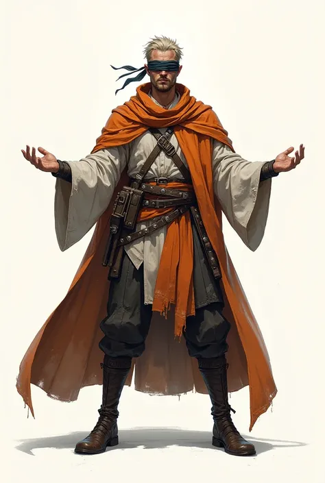 masterpiece, a serious style ager high fantasy male fighter, monk, blindfolded, concept art on light background, Western clothing styles, original character design, T-pose, no background, front view, full body, T-posing, arms wide open