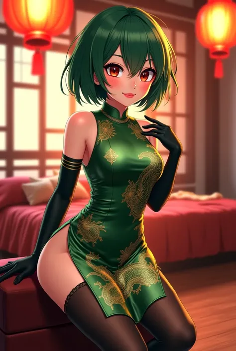  "A full-body anime-style illustration of a confident woman with short green hair in an elegant Chinese-inspired green and gold qipao dress with intricate dragon patterns. She is wearing long black gloves and sheer thigh-high stockings, exuding a refined a...