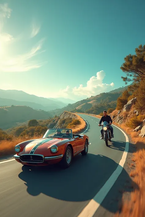 Man in a car driving on a road and behind a woman driving a motorcycle