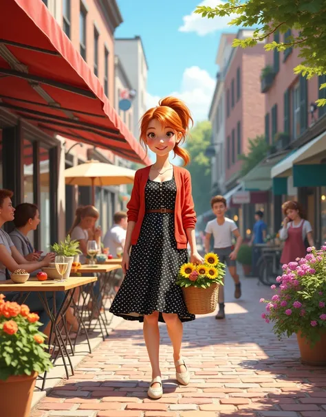 A vibrant street scene in a bustling urban environment, with Tina, a young woman with fiery red hair tied back in a ponytail, standing out as the central focus. She is dressed in a chic, black-and-white polka dot dress that reaches her knees, paired with a...