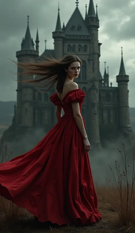 a medieval woman with hair and a red dress, In front of a castle do it dark, with a horror style 