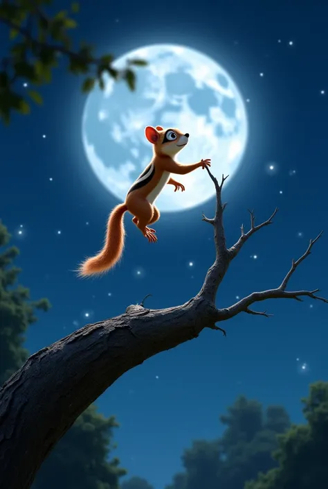 Make the squirrel jumping from the top of the branch to catch the full Moon in the sky, Disney pixar style