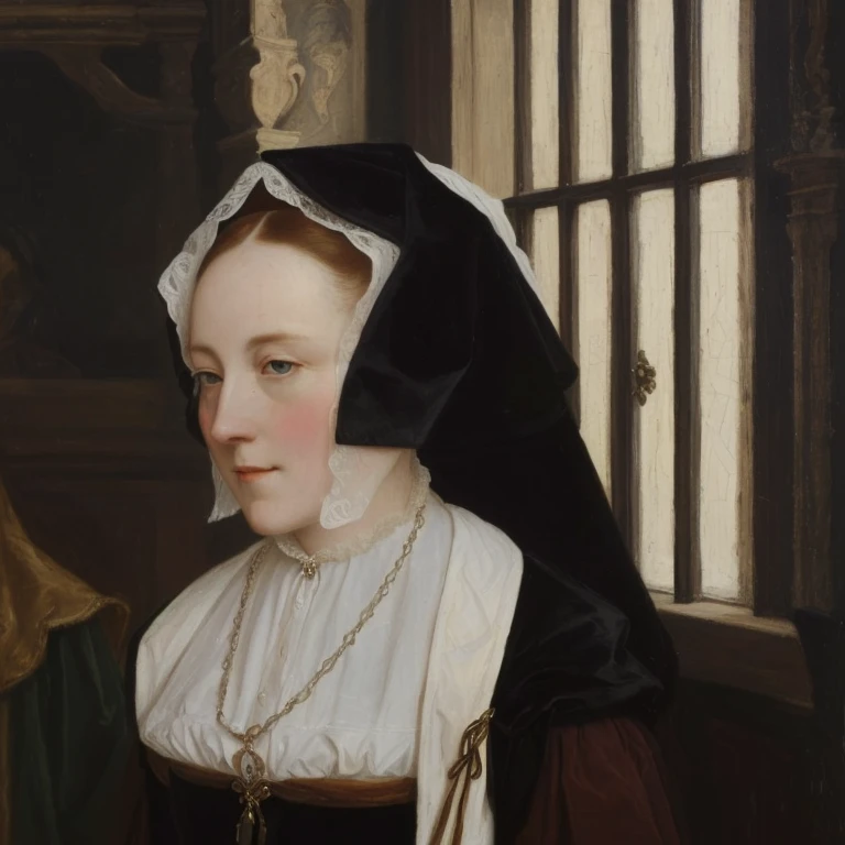  crooked woman in a white dress and black cap with white collar, inspired by Hans Holbein, the Old Man,  Inspired by Ambrosius Holbein , inspired by Hans Holbein, The young man, inspired by Ambrosius Benson ,  inspired by Eleanor Vere Boyle ,  inspired by ...