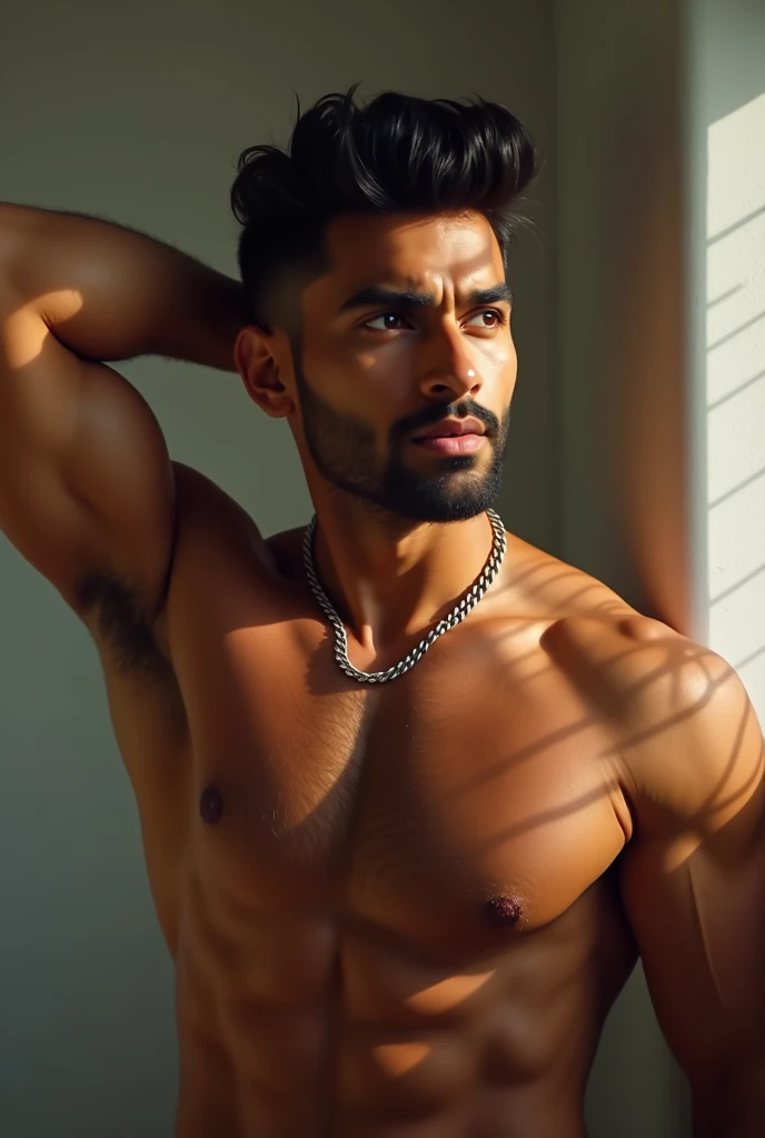 "A hyper-realistic digital painting of a muscular Indian male model with warm brown skin, a chiseled six-pack, and broad shoulders. He has a short, well-groomed, thin beard and thick,quif haircut stylish dark hair. His smoldering gaze is directed to the si...