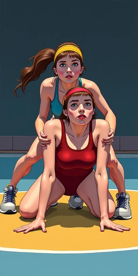 ultra detail, anime. Match from the nineties. a female in a red freestyle wrestling singlet is on all fours in the center of the mat, and a female in a blue freestyle wrestling singlet is holding it from behind