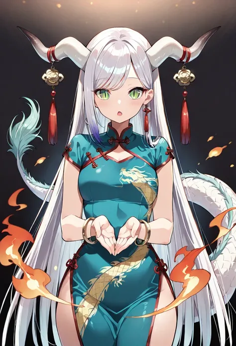 ((masterpiece, best quality, ultra detailed, high resolution, beautiful detailed face, beautiful detailed eyes, perfect hands)), (1 noble woman, solo), (dragon's horn and tail, horns with ornaments), (very long hair, straight hair, swept bangs), (green eye...