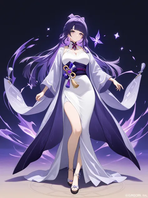 high resolution picture, masterpiece, best quality, amazing quality, official art, solo, 1girl from  Genshin Impact, large breasts, long hair, purple hair, blunt bangs, half updo, purple eyes, open robe, long dress,                                    BREAK...