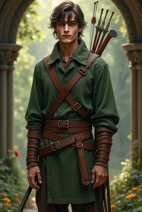 Tall and thin young man, medieval style clothing with brown belts around the body, clothes in shades of green and brown, with bow on the back,  medium short wavy hair 