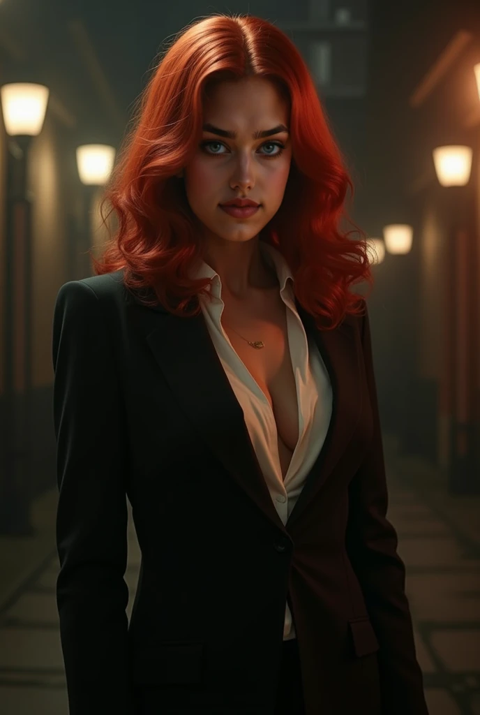 Red hair captivating private investigator who shatters stereotypes. She stands confidently in a sleek, perfectly tailored tux, embodying a fusion of classic film noir and modern elegance. (((supermodel, busty, her breasts are gigantic with deep cleavage, b...