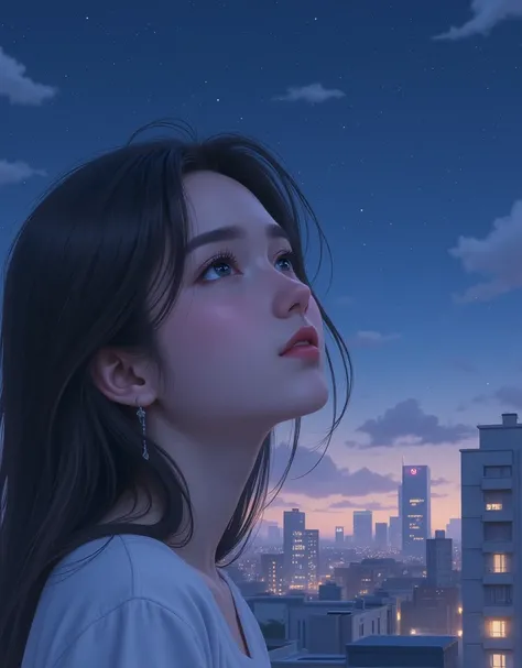 girl, at a rooftop, looking at stars, thoughtful, close-up