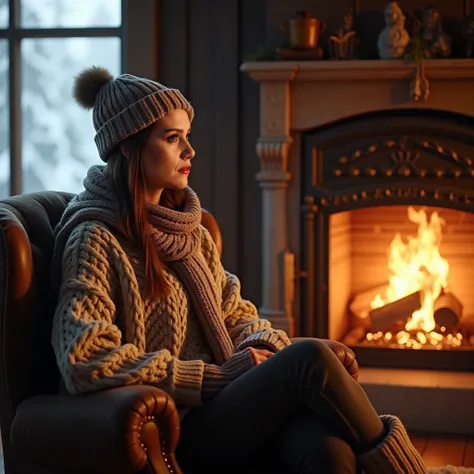 She wears winter clothes and sits next to a fireplace with fire 