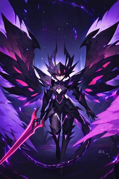 Monster girl in black armor with purple details,
 Neon blood red eyes , 
Mana wings  , and a black tail with a blade at the end ,

