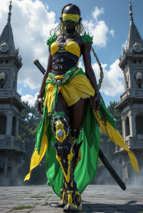 Jamaican version of NieR Automata ,  Wearing a very short Jamaican traditional dress, front, large format film , full body shot , sword , Sexually provocative pose, Blindfold , Jamaican landmark background