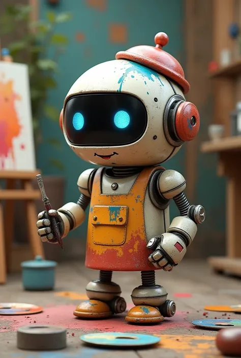 Chibi robot in painter's costume