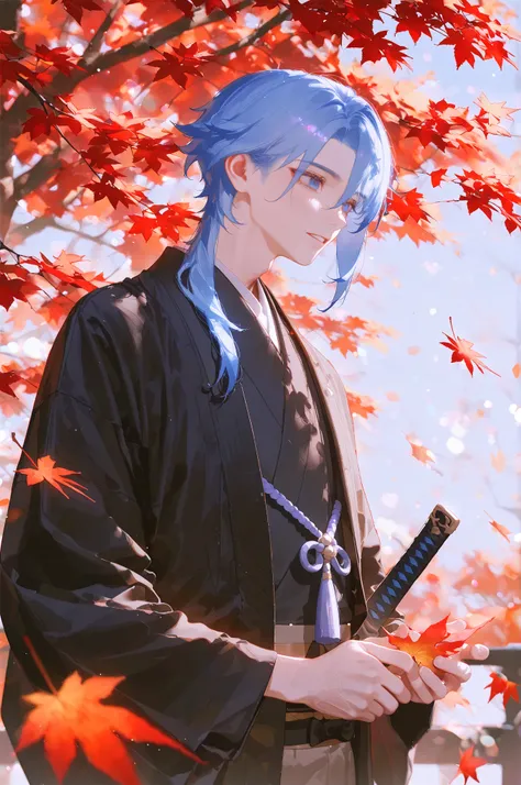 (ciloranko), reoen, sho \(sho lwlw\), ningen name, eonsang, nyantcha, ask \(askzy\), nyalia, 1boy, kamisato ayato /(genshin impact/), blue hair, blue eyes, intricate male kimono, red autumn leaves, maple trees, masterpiece, best quality, amazing quality, v...