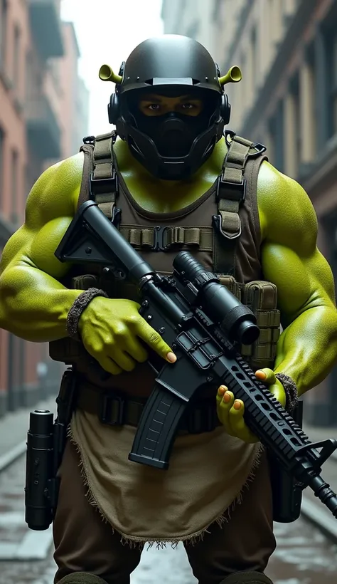 Make an ultra realistic image of Shrek as a SWAT agent wearing the uniform with a ninja helmet and cap and carrying a rifle 