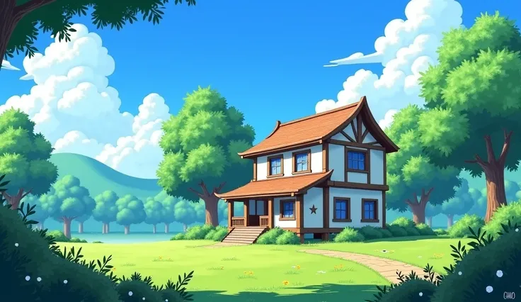 anime-style, For an adventure and fantasy game, create a scenario about a two-story wooden house, the decoration of the house must be simple, there must be trees in the background and away from the house, there must be grass near the surroundings of the ho...