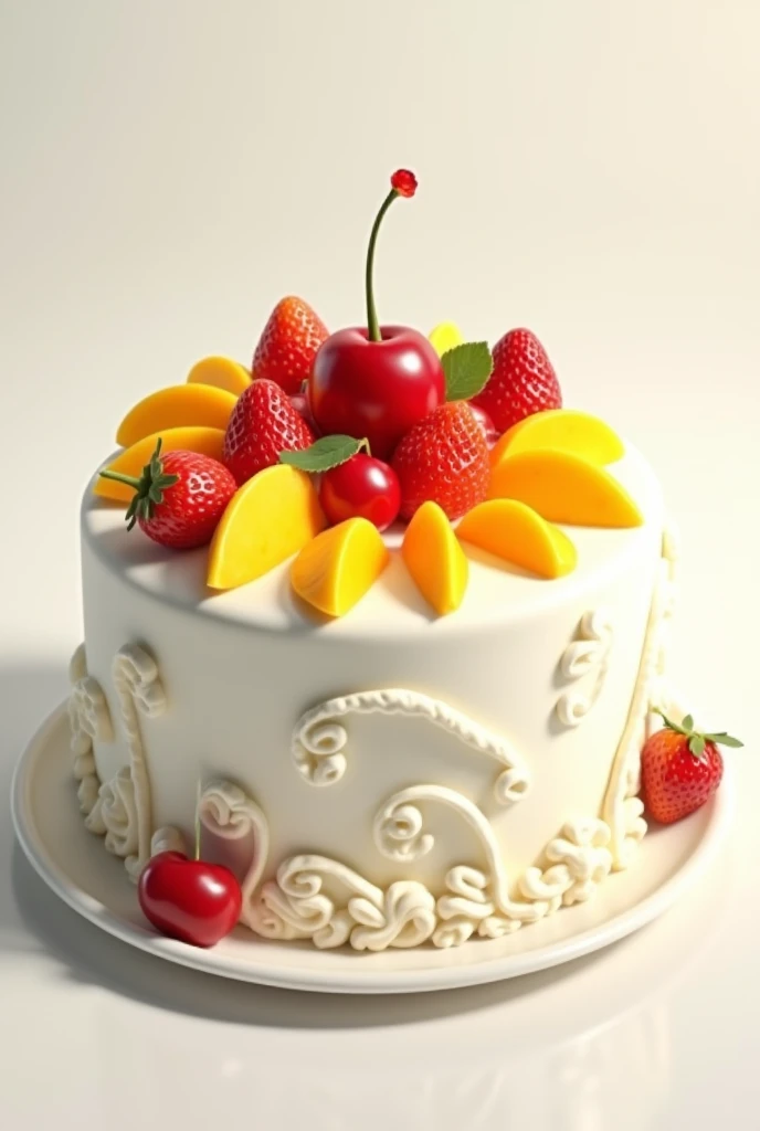 White cake with cute design, with mango , Cherry and strawberries