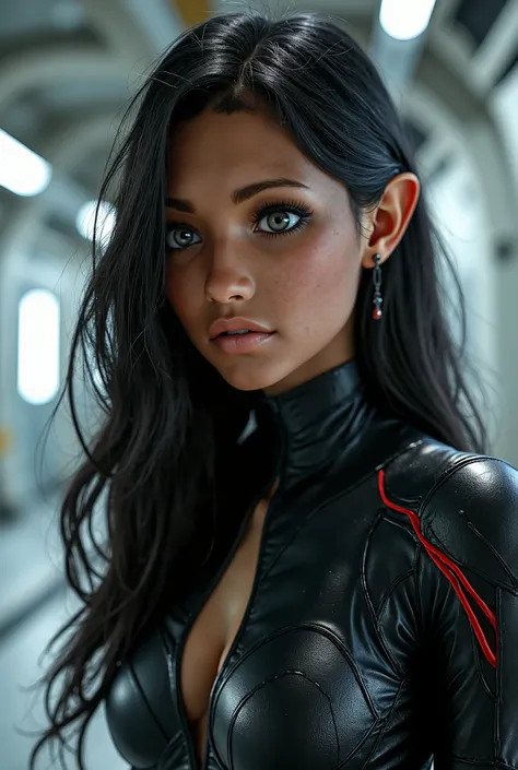 8 k UHD, create a realistic digital painting of a young elven female, 20 years old, perfect facial symmetry, burning red iris and sclera, vibrant red iris, full plump lips, pout, broad nose and nostrils, tanned skin, ethereal elven look, no make up, black ...