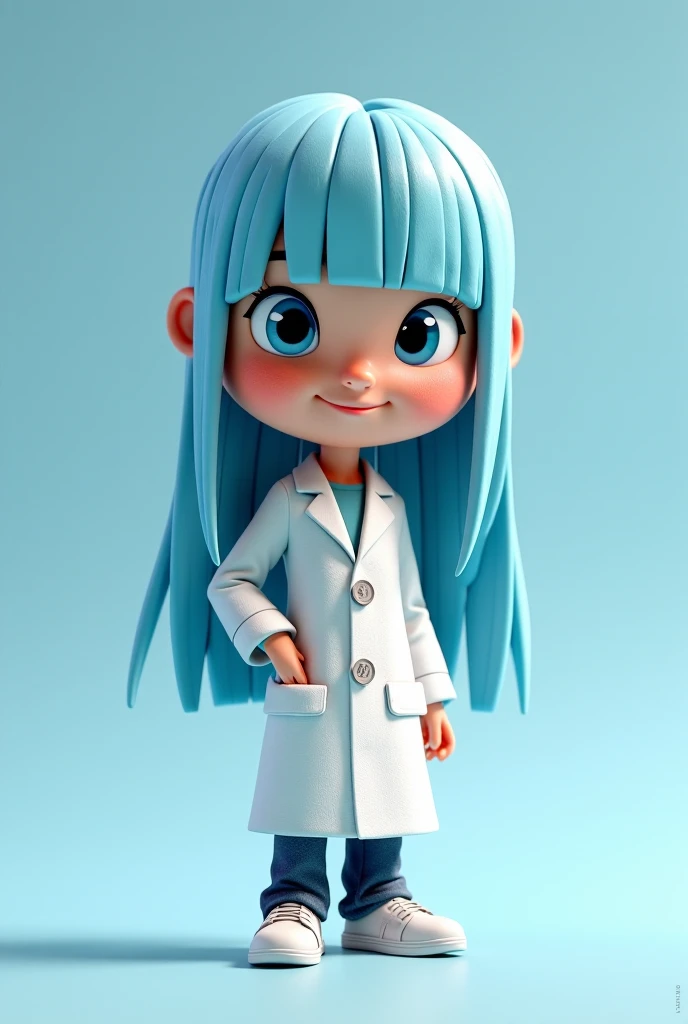 Pixar-shaped design with straight hair with blue eyes that is wearing a blonde lab coat and password 