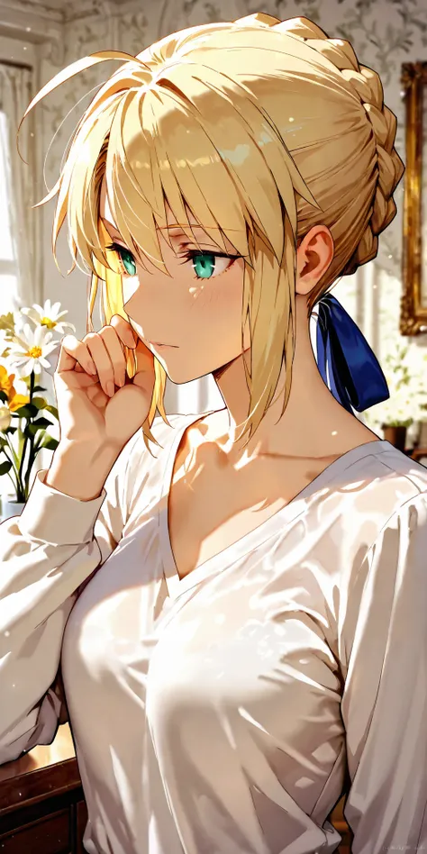 Masterpiece, mature woman, artoria pendragon (saber) (fate), bang, slim, upper body, white shirt, long sleeves, ultra detailed, highres, absurdres, white room, portrait, fate/stay night by ufotable studio style, attractive design, nice skin body, cinematic...