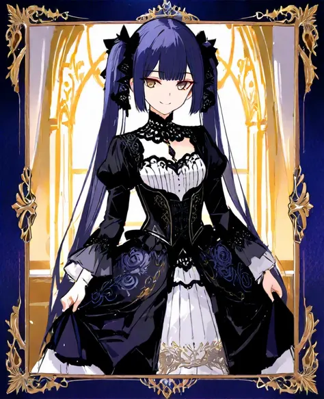 “A regal anime-style princess with dark blue hair styled in high twin tails, secured with elegant black ribbons. Her hair flows in soft waves, with straight bangs framing her golden eyes that shine with a mysterious glow. She wears a dark-themed princess d...