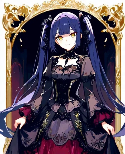 “A regal anime-style princess with dark blue hair styled in high twin tails, secured with elegant black ribbons. Her hair flows in soft waves, with straight bangs framing her golden eyes that shine with a mysterious glow. She wears a dark-themed princess d...