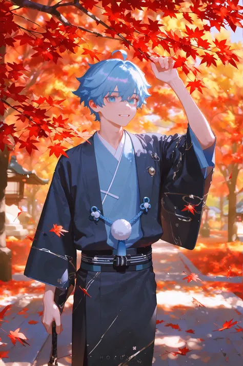 (ciloranko), reoen, sho \(sho lwlw\), ningen name, eonsang, nyantcha, ask \(askzy\), nyalia, 1boy, male focus, chongyun /(genshin impact/), blue hair, blue eyes, intricate male kimono, red autumn leaves, maple trees, masterpiece, best quality, amazing qual...