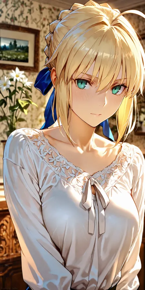 Masterpiece, mature woman, artoria pendragon (saber) (fate), bang, slim, upper body, white shirt, long sleeves, ultra detailed, highres, absurdres, white room, portrait, fate/stay night by ufotable studio style, attractive design, nice skin body, cinematic...