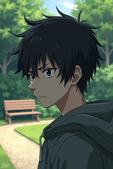    anime male profile picture hairstyle  : short,  汚れたblack髪  (  As shown in the reference image above,   ).  black目と表情 :    serious expression  .  : black,  minimal details  ,   hooded jacket .  background : noon ,   garden .   garden内にはベンチと砂利道