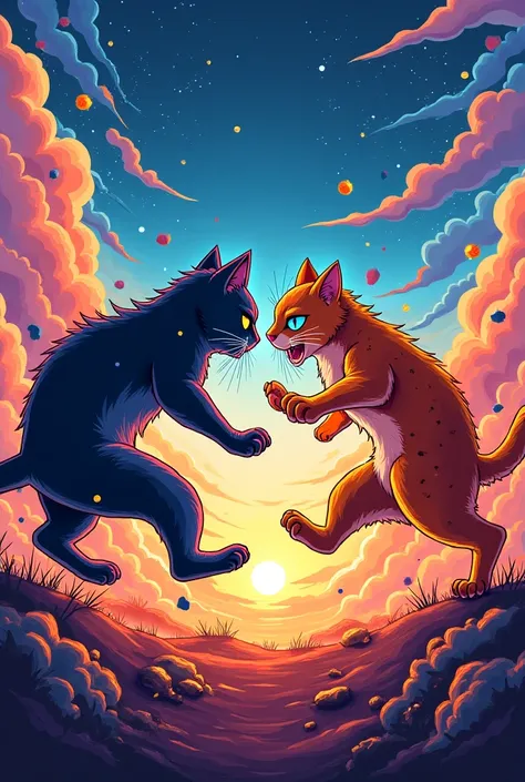 MeowMeow Camp poster with epic cat fight in the anime-style background