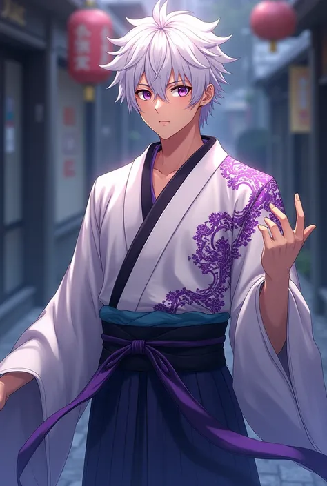 An anime character from Nanatzu no Taiza male, white hair, brown skin, purple eyes and wearing a kimono.