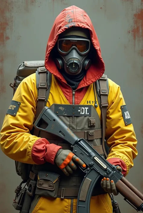  use a background photo from the game Rust where the typical character appears holding an AK47 with precarious modifications. wearing a yellow hazmat suit with his red hood with worn acrylic visor and red upper chest.  Adding large patches to the gray duct...