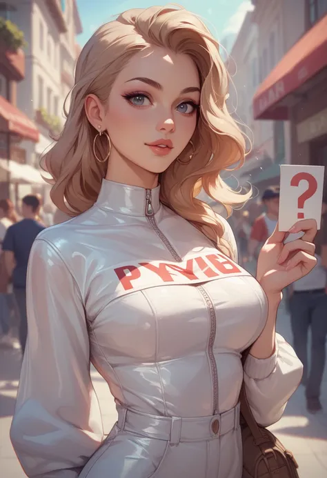  a beautiful girl with a very transparent jumpsuit but hidden by a sign with a visible writing with written (((( Here you are ? ))))  the writing and the girl you can clearly see 