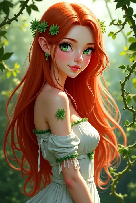  A green-eyed woman , long and straight coppery red hair, white dress with green details in the same color as her eyes.  She must have powers to control plants, So I want delicate creepers circling your arms. She must have a gentle and angelic smile 