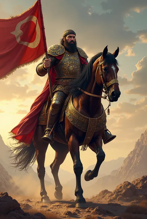 A large soldier of the Seljuk state dressed in his armor on a horse. He is carrying a pennant with a crescent moon in his hand.