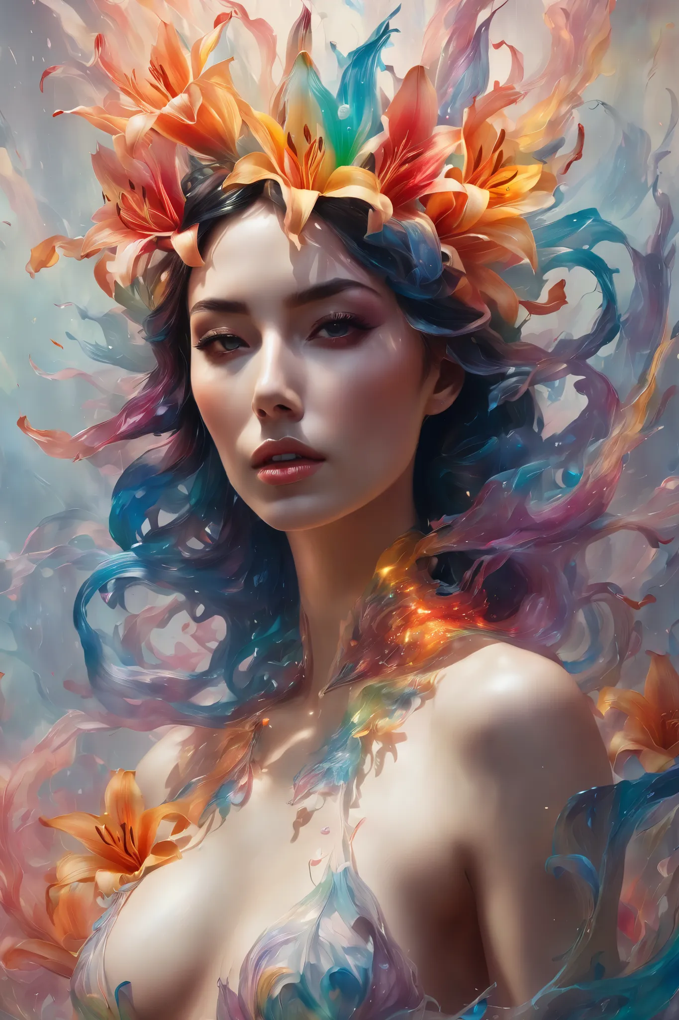  double contact ， An explosion of rainbow translucent lilies， Realistic girl ，（lilies：1.1）Визуализировано Octane，unreal-engine， Rococo paper cutting， watercolor style， nude,  full height