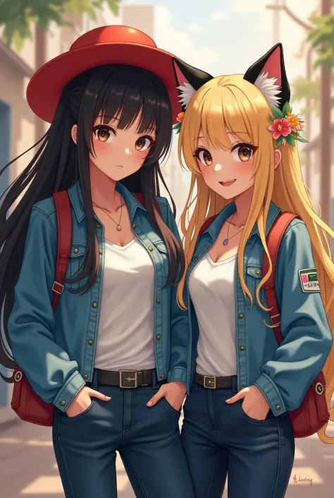 Two girls, the first woman has black hair with a red hat, a white shirt with a denim jacket.,  dark blue jean , The second girl is blonde she has a cat's ear in her hair she has flowers