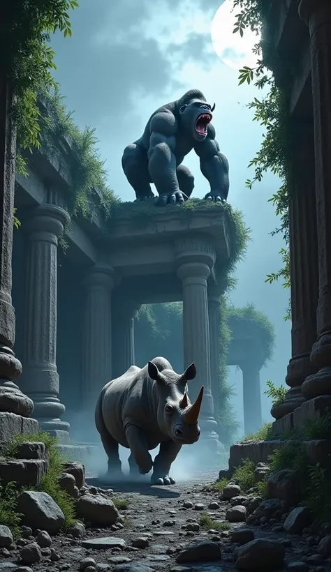 Ancient ruins at midnight: Gorilla perches on a crumbling pillar, snarling, while a rhino charges through stone debris. Moonlight casts sharp shadows; background has overgrown vines and eerie mist.  