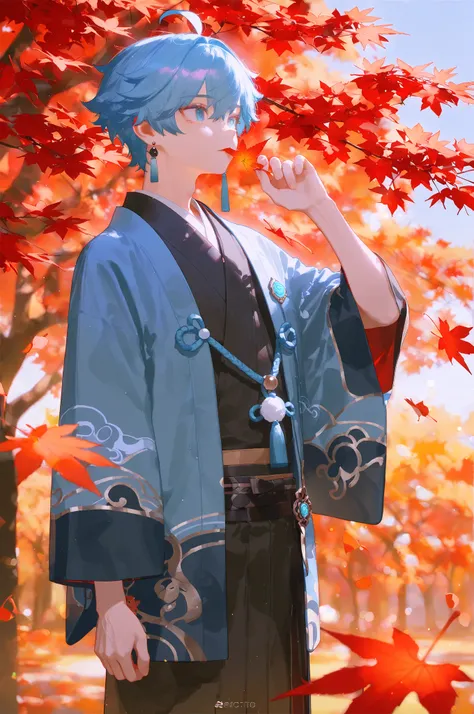 (ciloranko), reoen, sho \(sho lwlw\), ningen name, eonsang, nyantcha, ask \(askzy\), nyalia, 1boy, male focus, chongyun /(genshin impact/), blue hair, blue eyes, earring tassel, intricate male kimono, red autumn leaves, maple trees, masterpiece, best quali...