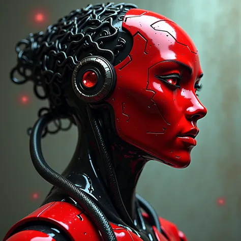 Agent Snake, robot, highest quality  ,A dark cyberpunk world、1 female ( dark cyberpunk world,  female Egyptian Robot, red robot face(snake structure), black outline on sharp facial structure, human like, metallic snakes for hair , medium hair length, cyber...