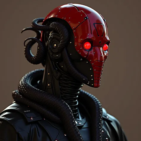 Agent Snake, robot, highest quality  ,A dark cyberpunk world、1 female ( dark cyberpunk world,  female Egyptian Robot, red robot face(snake structure), black outline on sharp facial structure, human like, metallic snakes for hair , medium hair length, cyber...