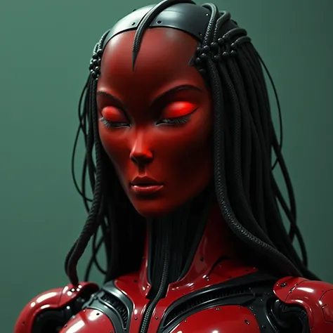 Agent Snake, robot, highest quality  ,A dark cyberpunk world、1 female ( dark cyberpunk world,  female Egyptian Robot, red robot face(snake structure), black outline on sharp facial structure, human like, metallic snakes for hair , medium hair length, cyber...