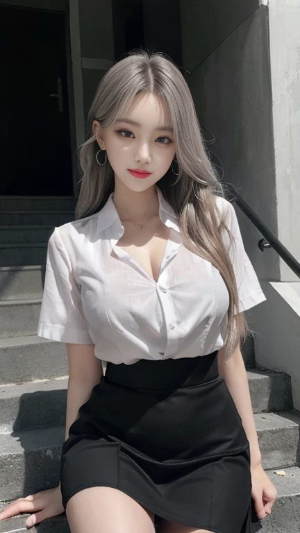 gray eyes, korean , summer black  fit shirt, ribbon tie, fit classic skirt, bright blonde, school stairs, going down school stairs, Pose that sticks out the chest, Pose showing off your chest, 8k RAW photo, High resolution,  cool korean, very big round bre...