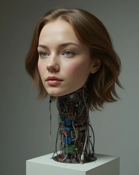 Priner shot of the severed head of a beautiful adult German woman with brown hair on a pedestal, Cables and circuits come out of the base of the head,  hyperrealistic, full hd, realistic skin