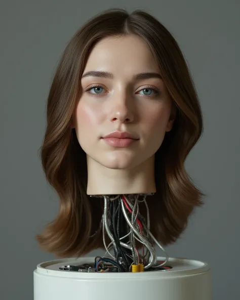 Priner shot of the severed head of a beautiful adult German woman with brown hair on a pedestal, Cables and circuits come out of the base of the head,  hyperrealistic, full hd, realistic skin