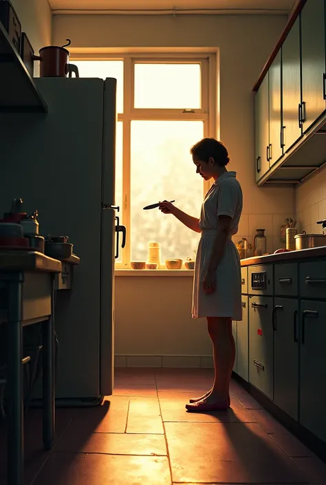 A home economics room with cooking utensils and a locked cabinet. The narrator holds a small knife as the home economics teacher, crying, points to the cabinet. Sunlight streams through the windows.