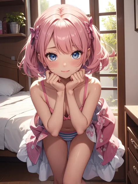 Top quality ultra-detailed CG art、Brown-skinned、Transcendent beauty：１.２）、Pink hair、big eye、Cold eyes、Mid summer、18 years old、red blush、Naked shoulders、Blue eyes、sexypose、Naughty Girls、Short stature、puddles、kawaii、ssmile、Beautiful feet、Medium Hair、Short hai...